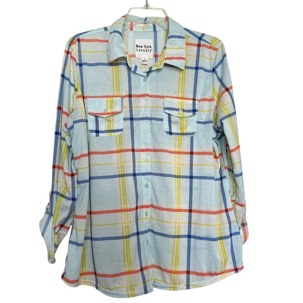 New York Laundry Womens‎ Button Up Shirt Size XL White Plaid Roll Tab Sleeve NWT